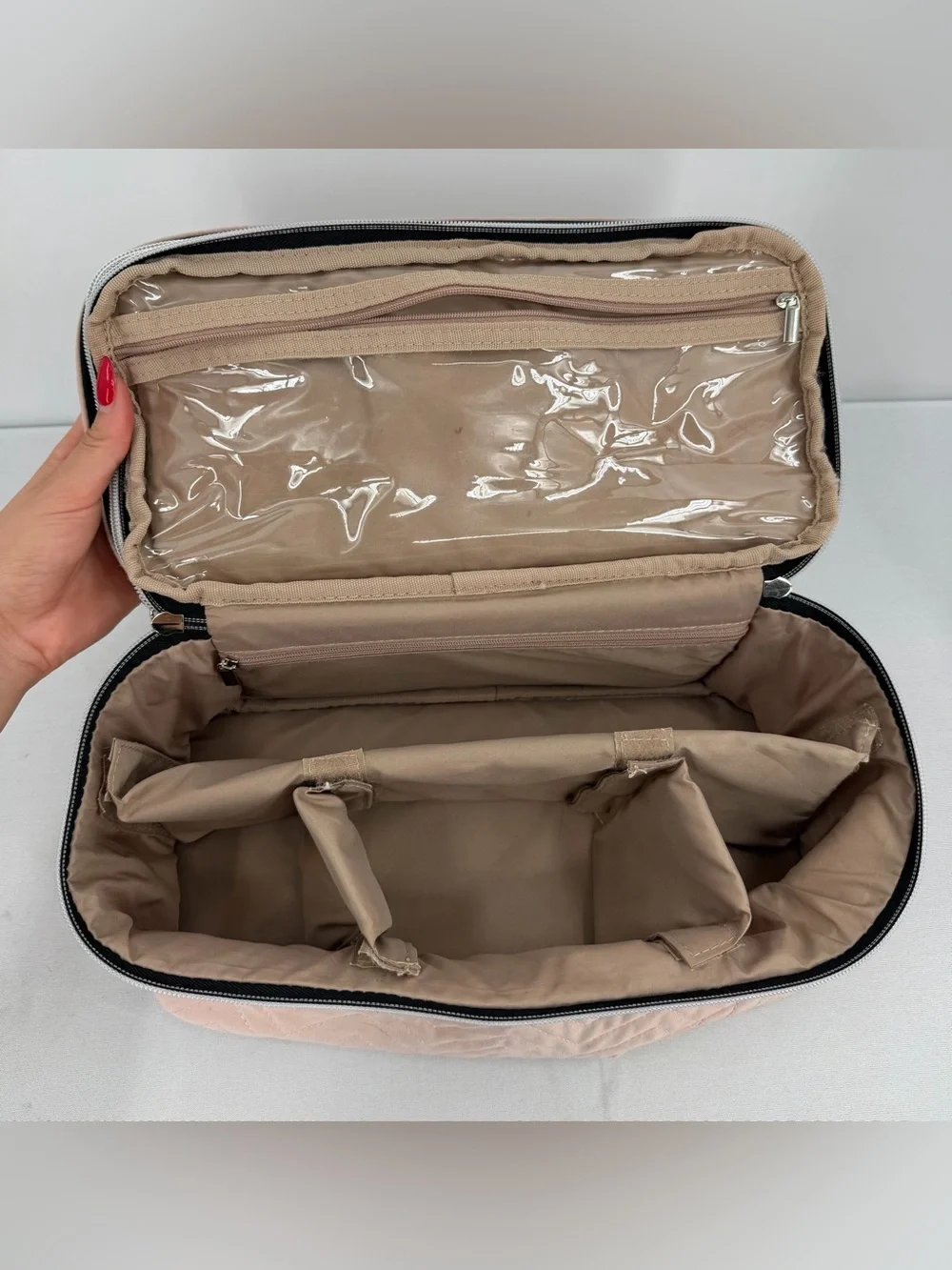 Pink quilted large makeup bag Travel Organizer Train Case Removable Dividers